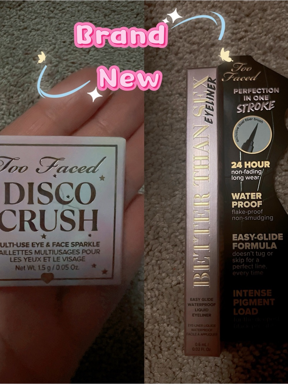 Too Faced best waterproof eyeliner + sparkle eyeshadow